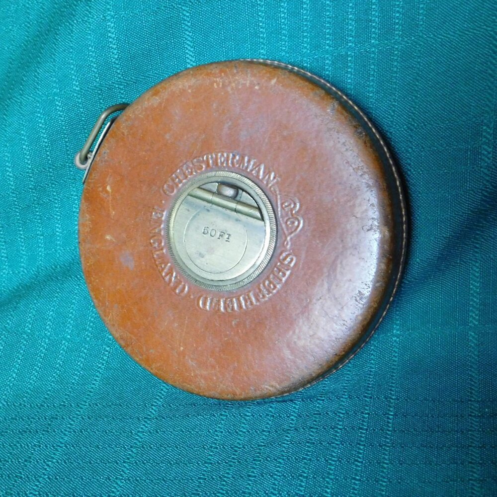 Vintage Chesterman Sheffield England brass leather cloth 50' measuring tape